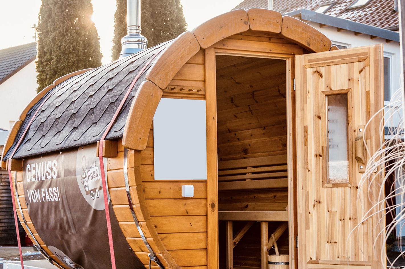 Mobile Fass Sauna mieten Bartholomä